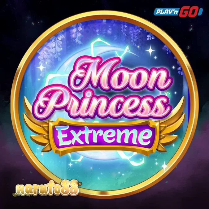 Tampilan layar permainan slot Moon Princess Extreme dengan tiga putri anime dan simbol-simbol berkilau.